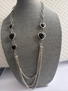Silver Multi-Chain Necklace with Black Heart Charms